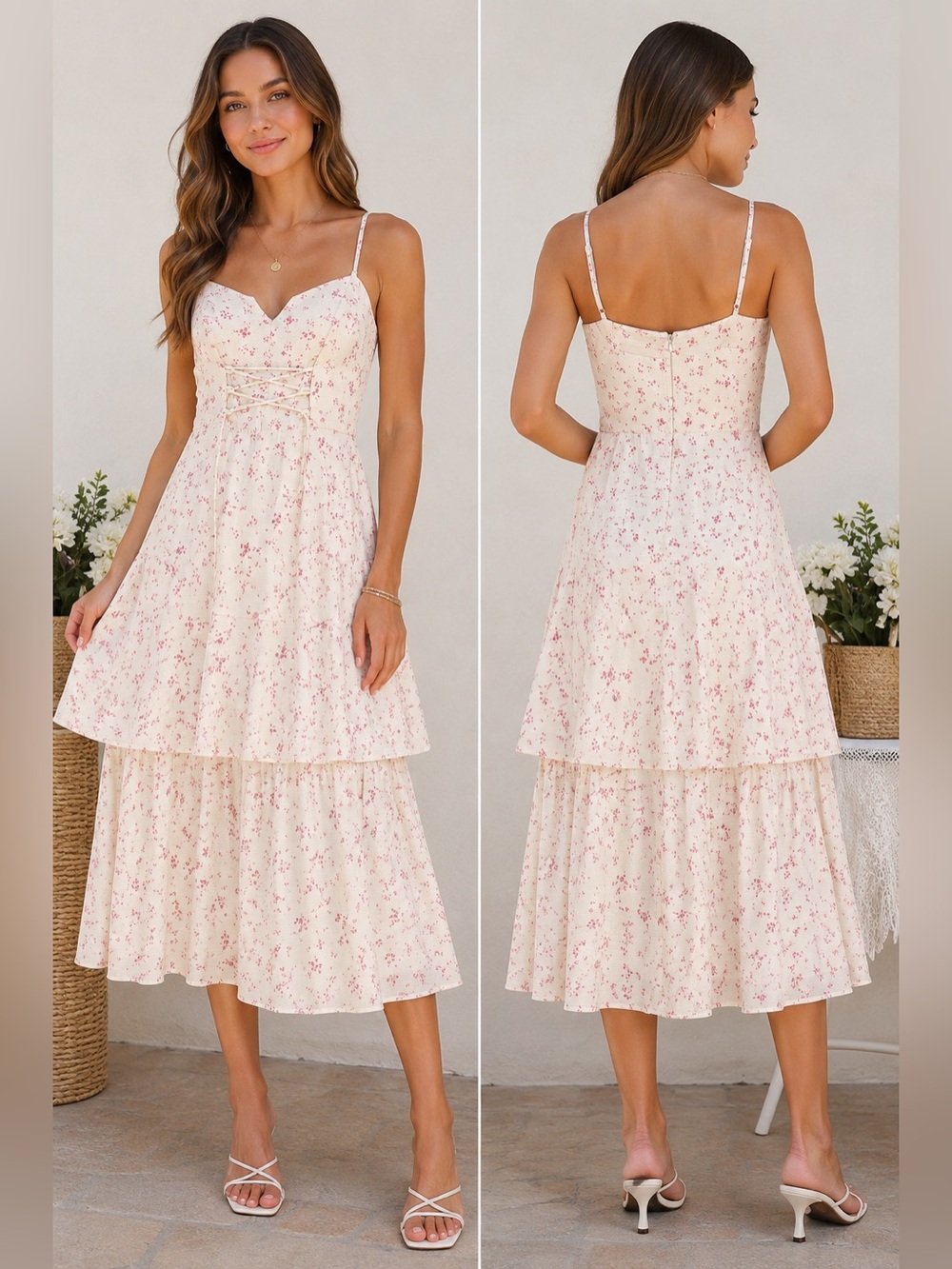 Trixxi Floral Tiered Maxi Dress Cream Pink Lace-Up Front Cottagecore Size M NWT